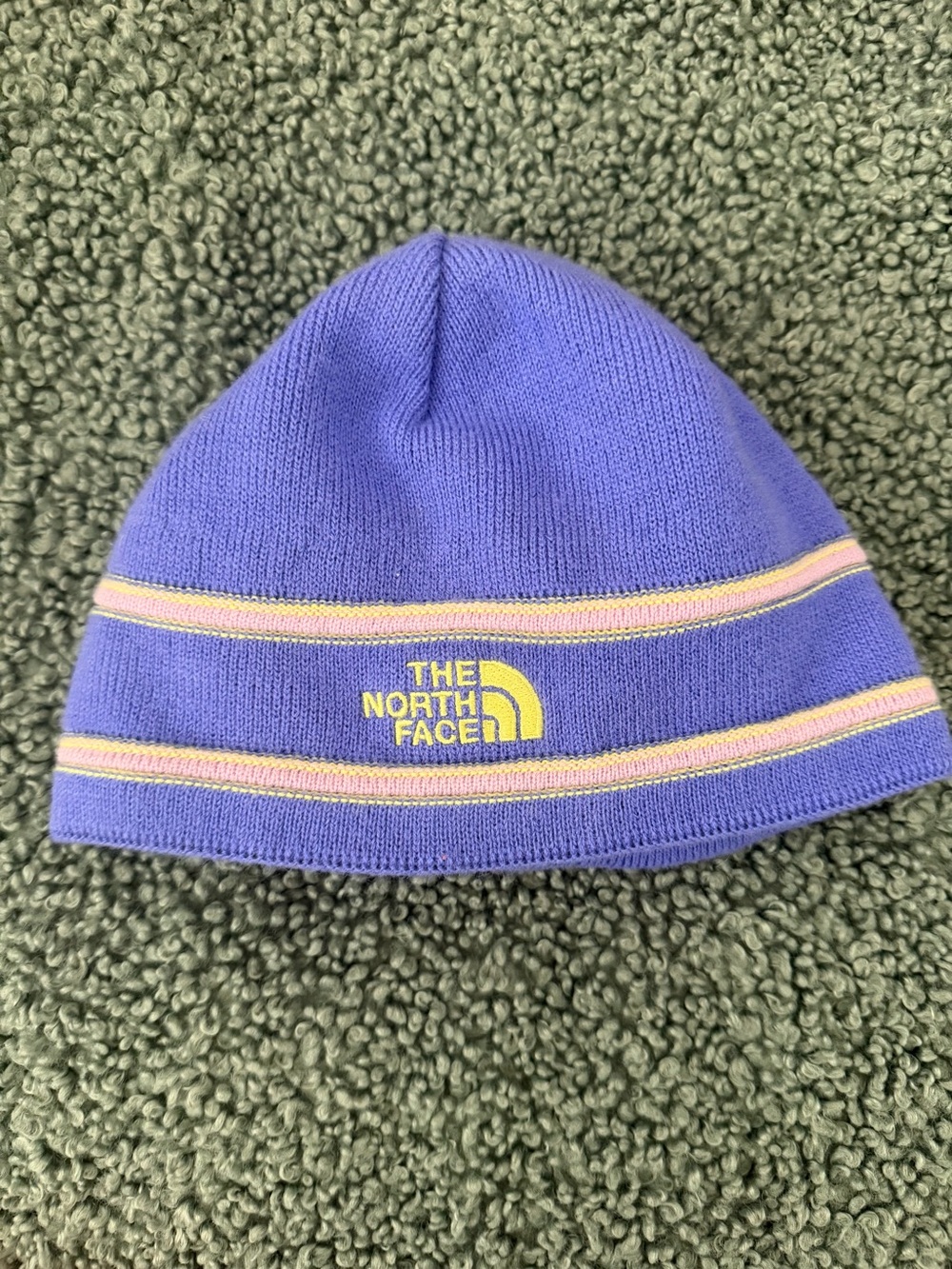 The North Face Kids Purple Knit Beanie with Yellow Logo and Pink Stripes